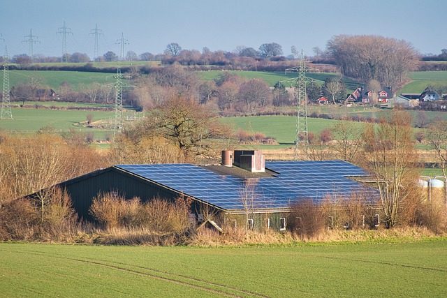 Solardach eines landwirtschaftlichen Hofes ist mit Solarpanelen bedeckt zur eigenen Stromgewinnung